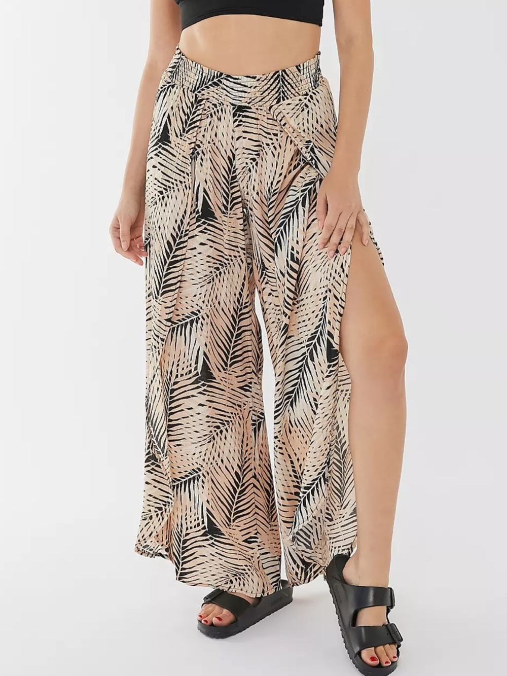 Billabong Wide Leg Split Palazzo wandering soul Pants in Beige Palm Print size M